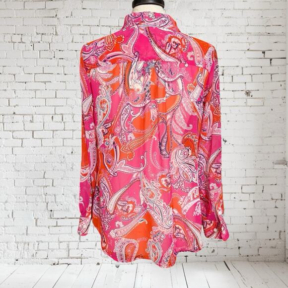 Chico’s Shirt Coral Paisley Button Up Blouse Sz 8 Opaque Bohemian Preppy Pockets - Picture 5 of 8